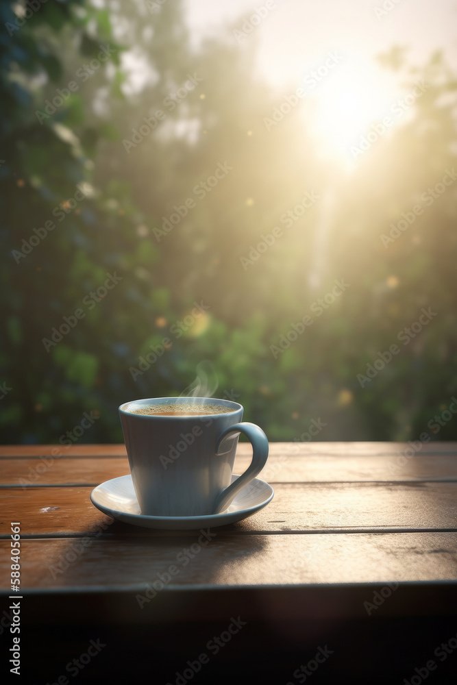 Summer morning with coffee cup. Illustration AI Generative
