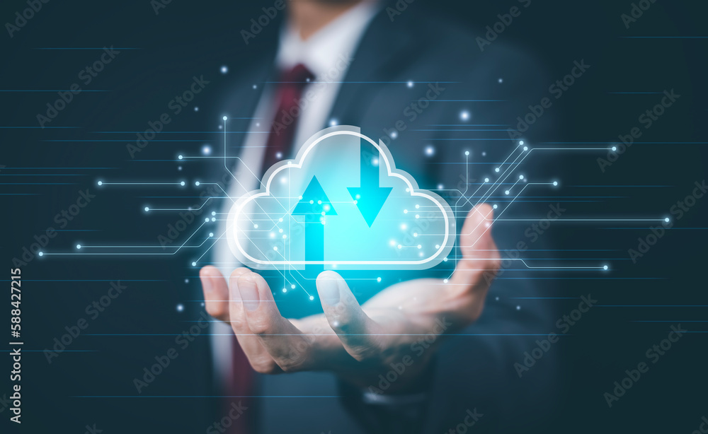 Businessman holding connect to data information on the Cloud Computing Technology Internet Storage N