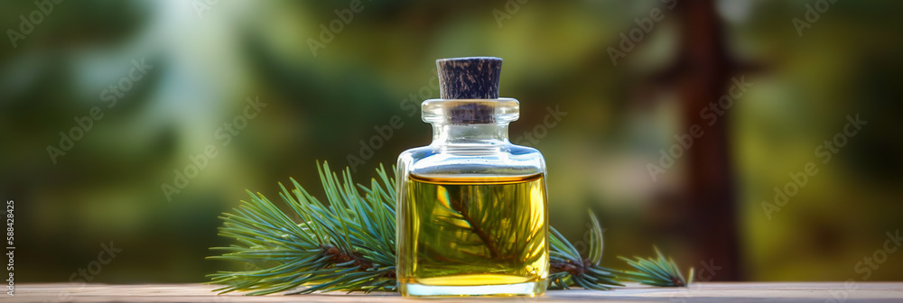 Essential oil extract of medicinal herbs in a small glass bottle. Junipert. Selective focus. nature.