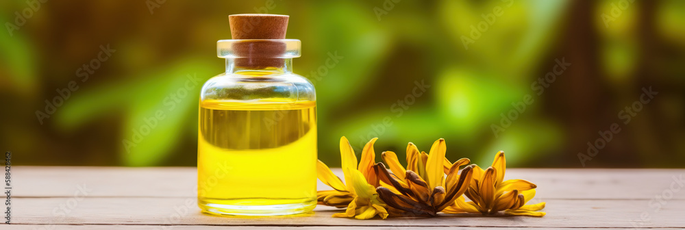 Essential oil extract of medicinal herbs in a small glass bottle. Ylang ylang. Selective focus. natu