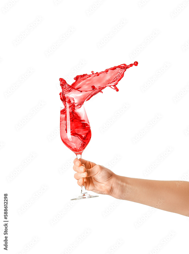 Woman with glass of red wine on white background
