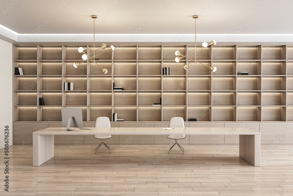 New wooden office interior with bookshelf and desktop with equipment. 3D Rendering.