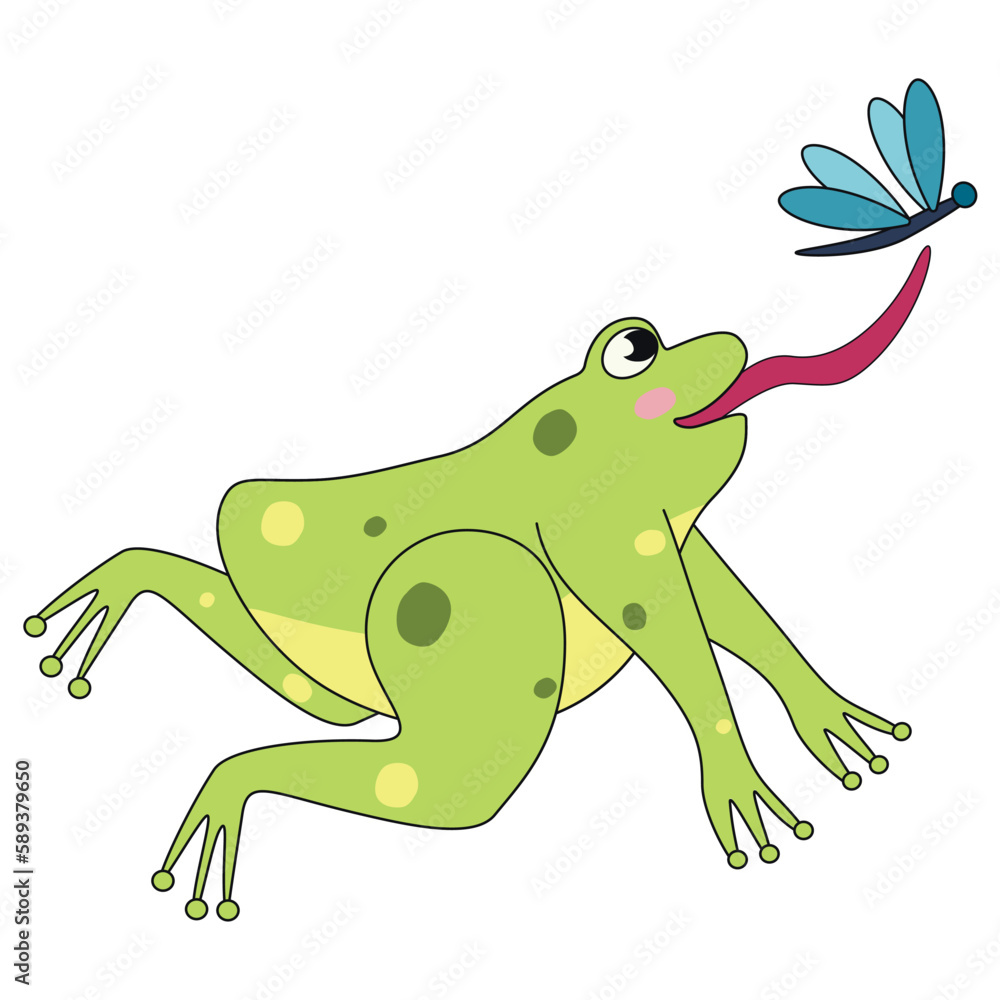 Cute hungry frog catching mosquito on white background
