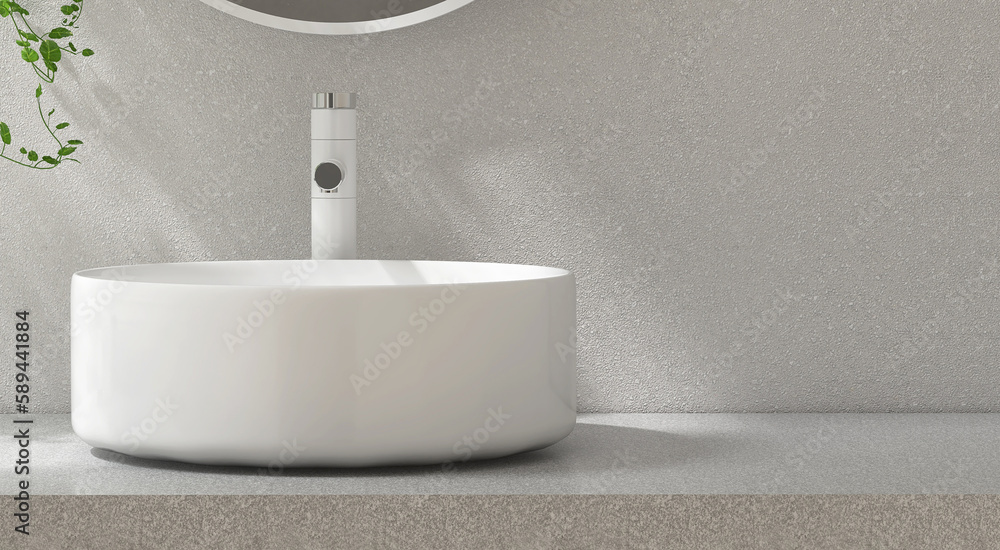 Modern gray stucco vanity counter, white round ceramic washbasin, faucet, creeper plant, round mirro