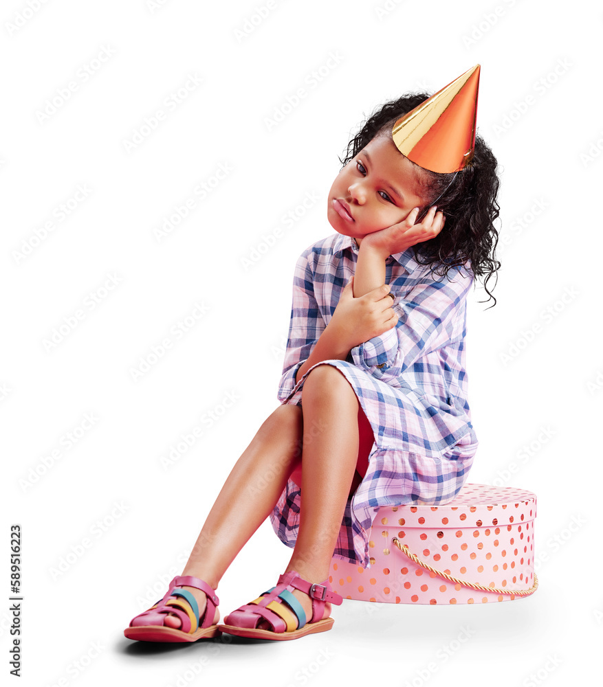 Sad young girl sitting on gift box, thinking about lonely birthday and wearing cute dress. Little bi