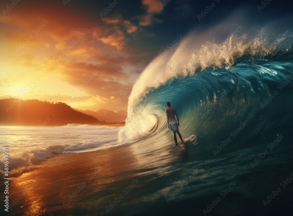 Surfer in ocean. Illustration AI Generative.