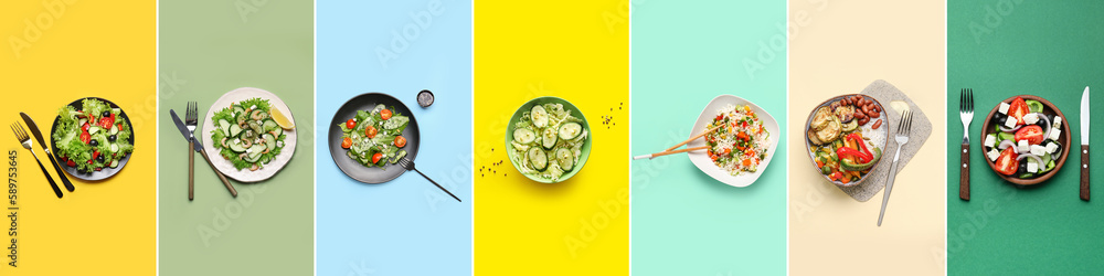 Group of healthy salads on color background, top view