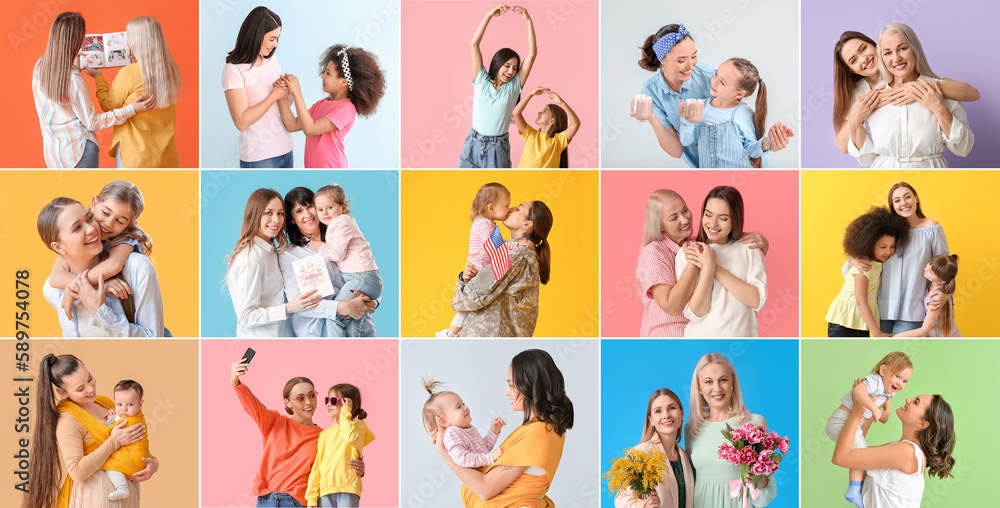Collage with happy mothers and daughters on color background