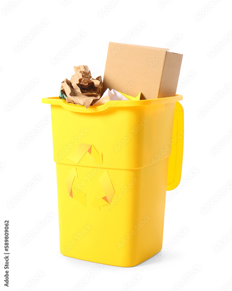 Container with garbage isolated on white. Recycling concept