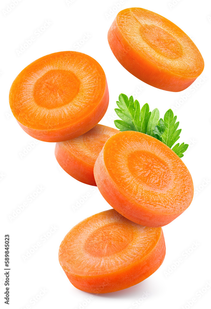 Carrot slice isolated. Carrots with parsley flying on white background. Perfect retouched carrot sli
