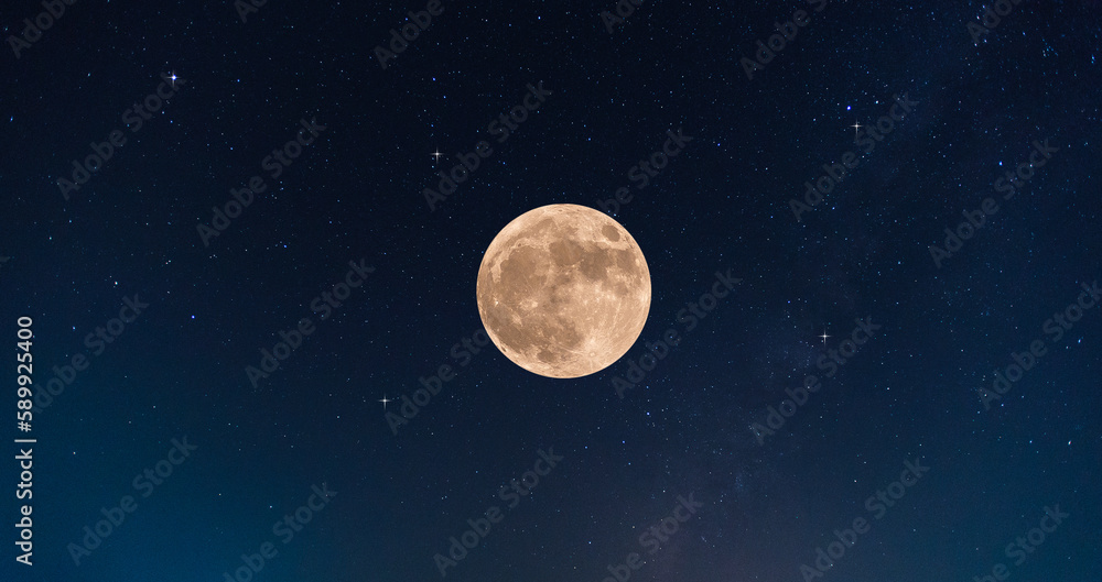 moon on dark blue night sky background, starry universe, nebula and galaxies with noise and grainy, 