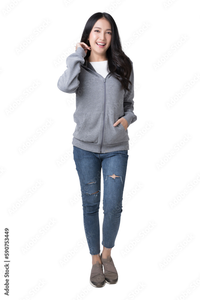 Full length portrait of young beautiful Asian woman in hoodie sweatshirt and blue jeans isolated ove