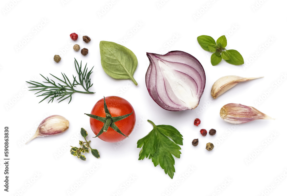 Composition with vegetables and herbs on white background