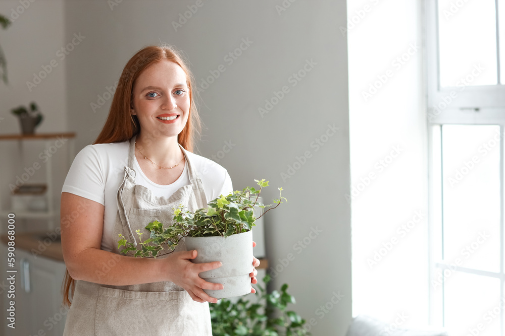 Young woman with green houseplant in kitchen