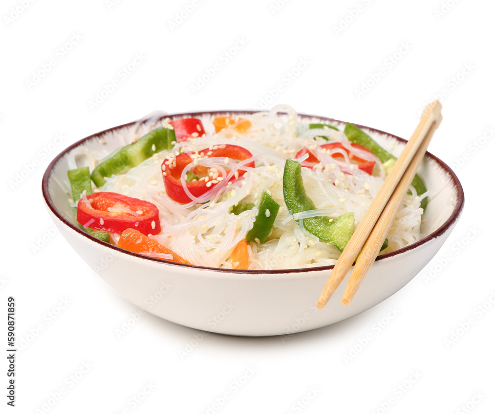 Bowl with tasty rice noodles, chopsticks, vegetables isolated on white background