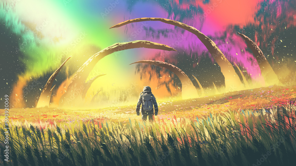 astronaut in flower meadow under the colorful night sky, digital art style, illustration painting
