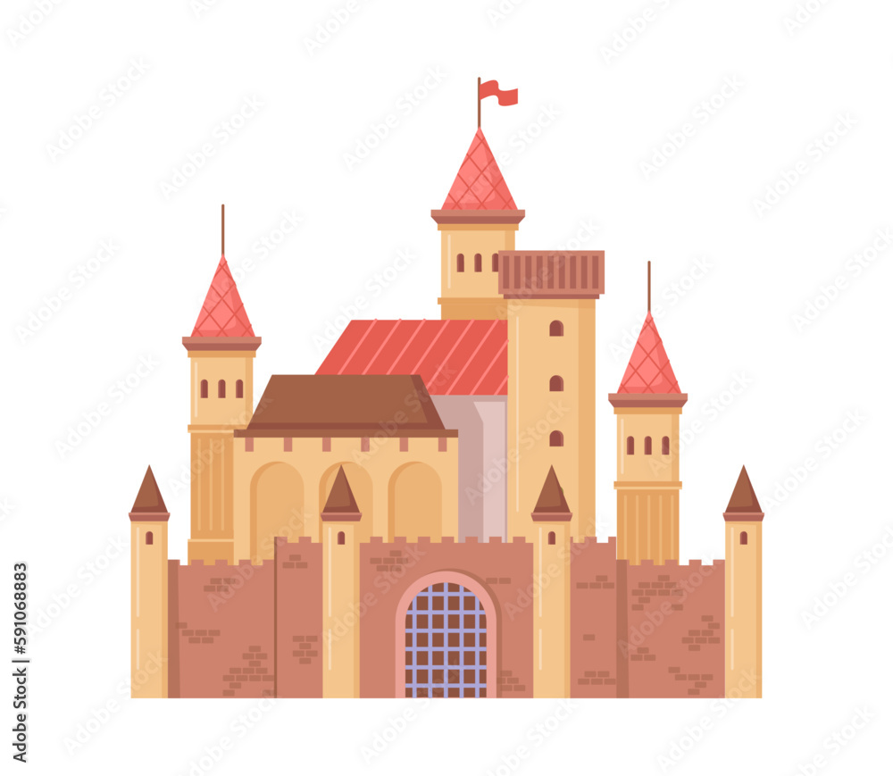 Castle or stronghold, isolated fortification or citadel with flags and towers. Medieval architecture