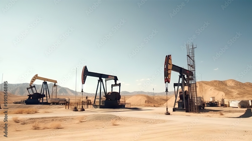 Working oil pumps in desert place. Natural resources industry. Oil rig in dunes. Generative AI