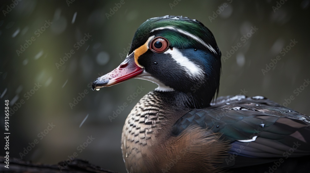 A wood duck bird portrait. Blurry background. Generative AI