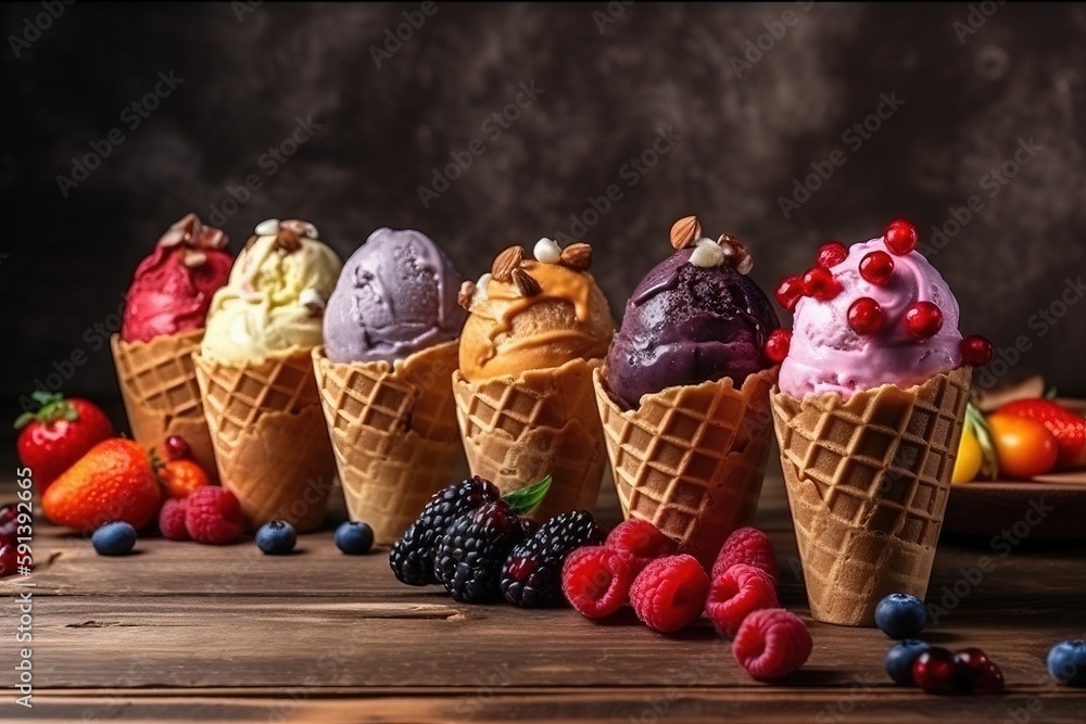  a row of ice cream cones filled with berries, raspberries, and blueberries on a wooden table next t