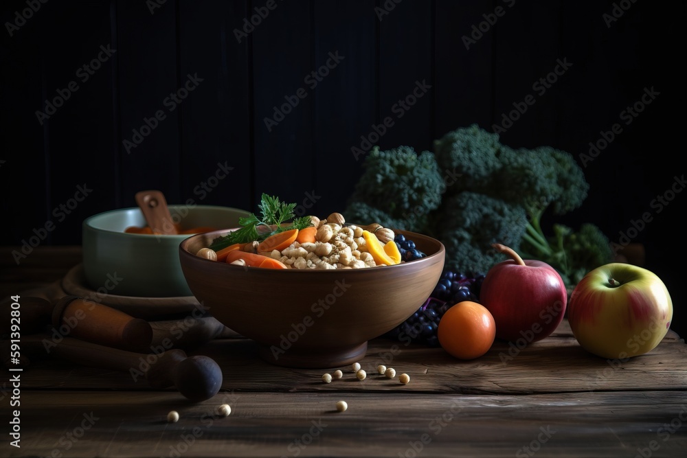 a bowl of cereal, apples, carrots, broccoli, and an apple on a wooden table next to other fruits an