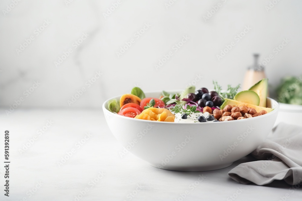  a white bowl filled with a variety of fruits and vegetables next to a napkin on a white counter top