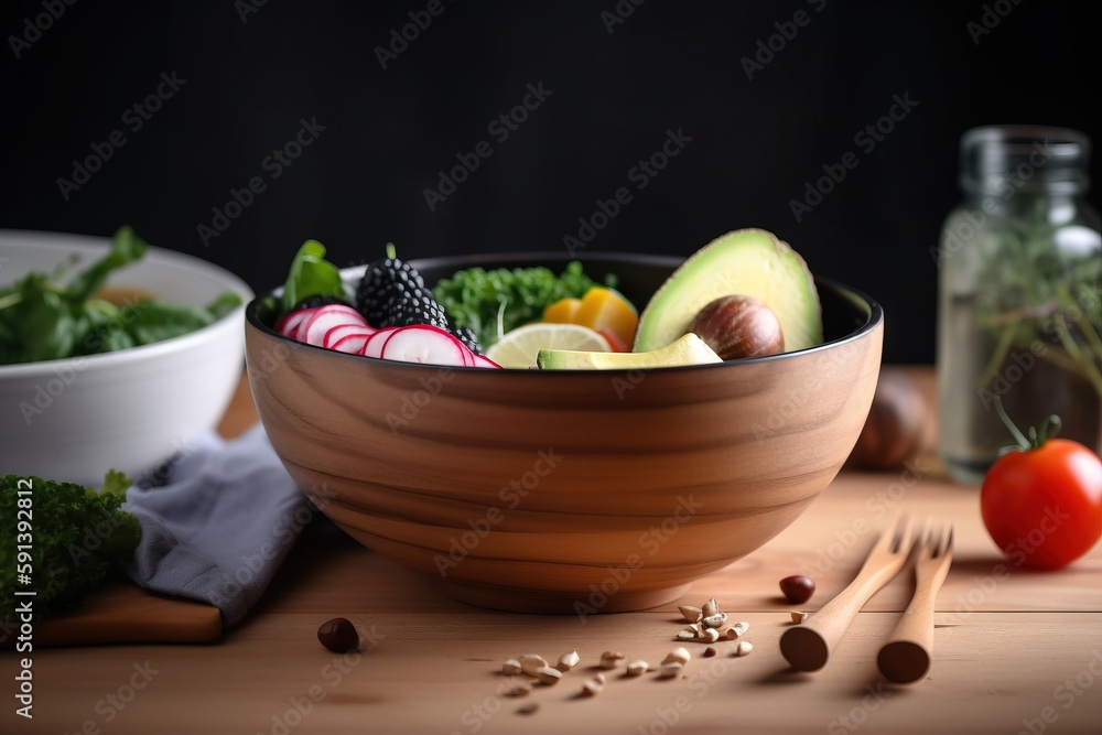  a wooden bowl filled with assorted fruits and vegetables next to a glass of water and a wooden spoo