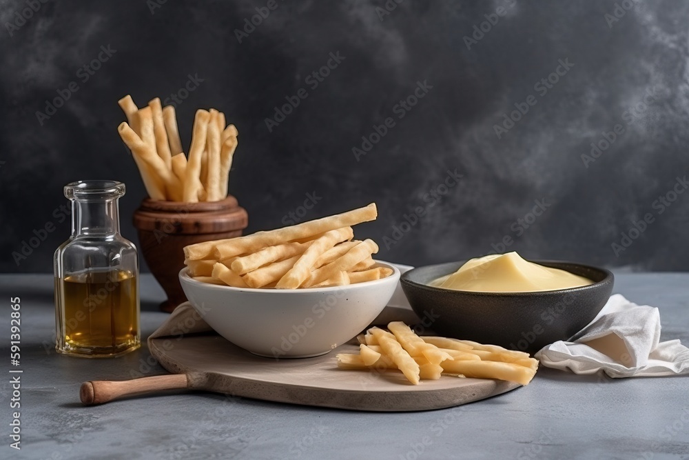  a bowl of french fries next to a bottle of mustard and a bowl of butter on a cutting board on a gra