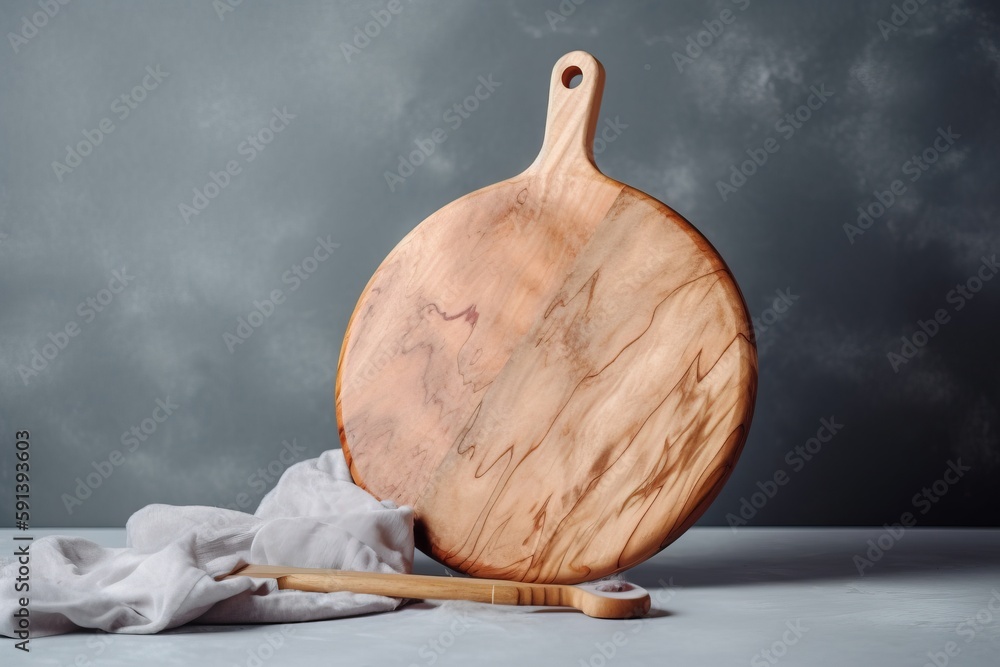  a wooden cutting board sitting on top of a white cloth covered tablecloth next to a wooden spatula 