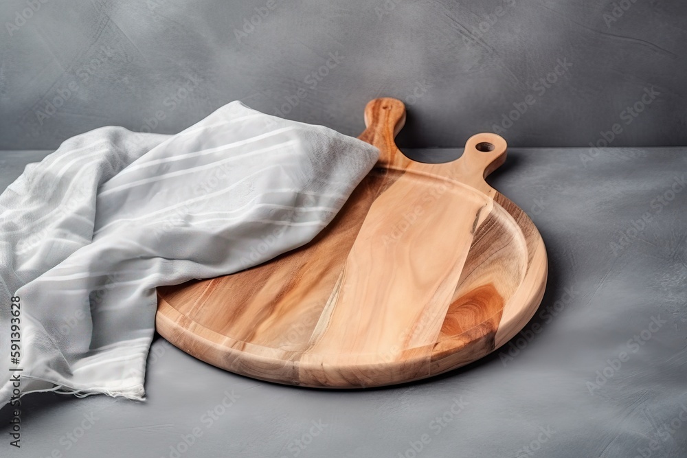  a wooden cutting board with a white cloth on it and a white cloth on the side of the cutting board 