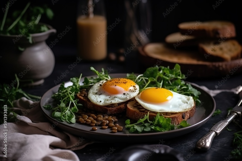  a plate of food with two eggs on top of bread and beans on the side with a spoon and a glass of mil