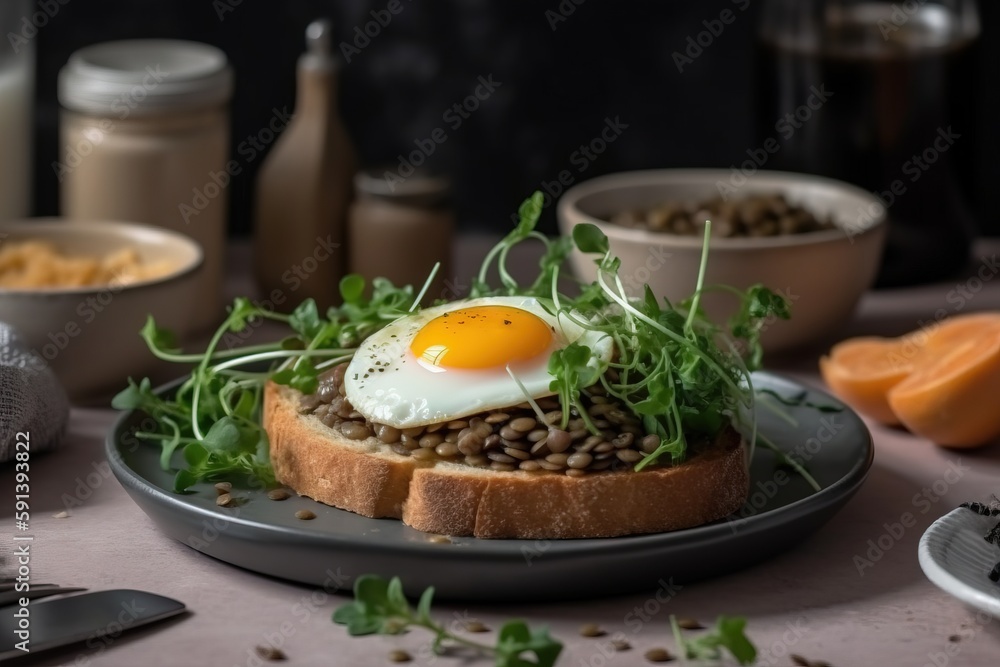  a plate of food with a fried egg on top of a bed of beans and greens on a table with other dishes a