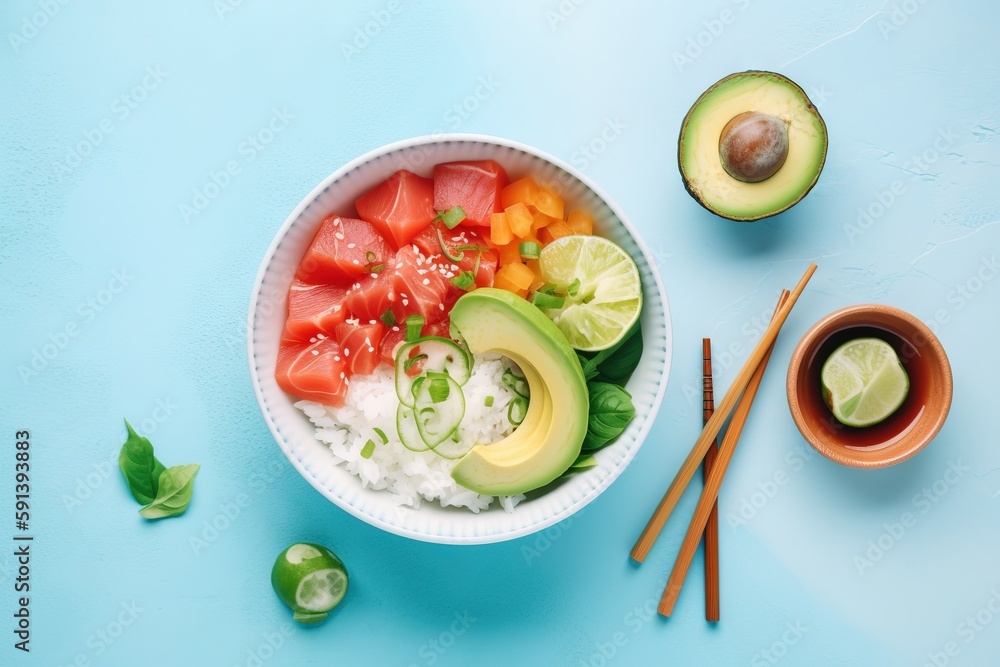  a bowl of rice, avocado, tomatoes, cucumber, and limes with chopsticks on a blue surface.  generati