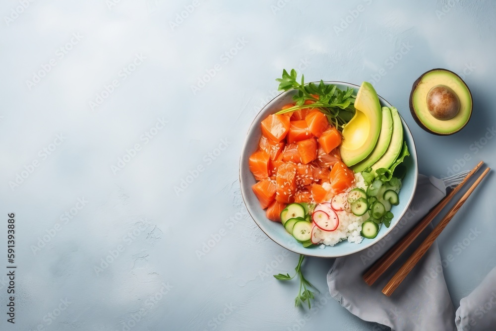  a bowl of food with carrots, cucumber, avocado, and other vegetables on a blue surface with chopsti