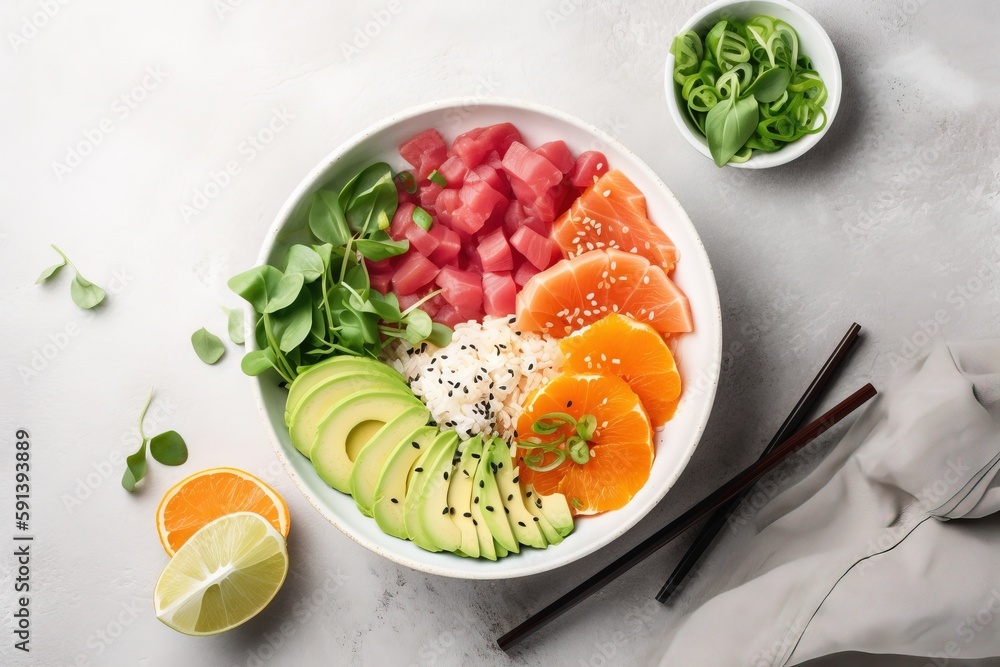  a white bowl filled with different types of fruits and vegetables next to chopsticks and a bowl of 