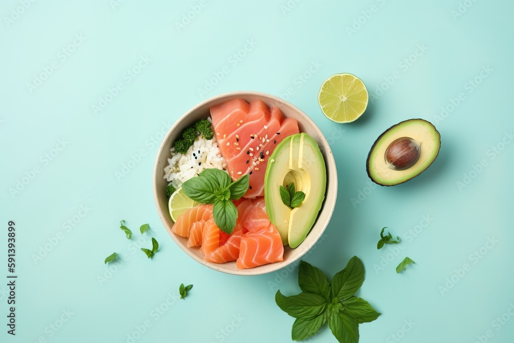  a bowl of salmon, avocado, and rice on a blue background with a half of an avocado and half of an a