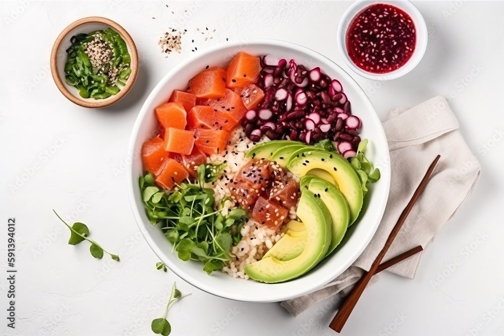  a white bowl filled with lots of vegetables and meats next to a bowl of rice and avocado on a white