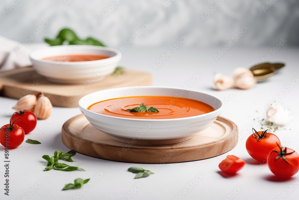  a bowl of tomato soup on a wooden board with tomatoes and garlic on the side of the bowl and garlic
