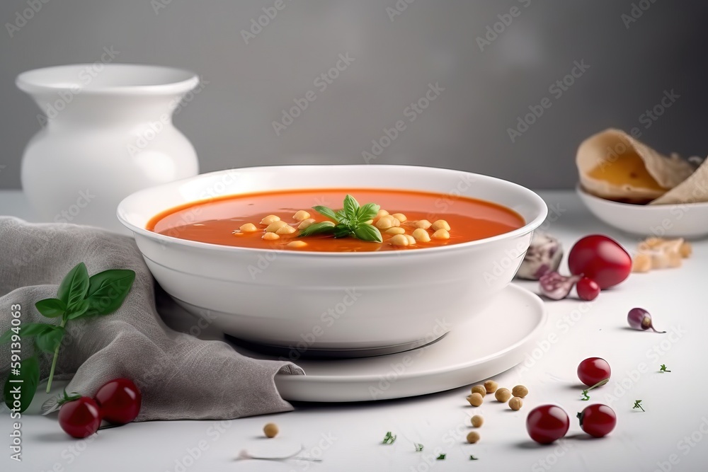 a bowl of tomato soup with garnishes on a white plate with a napkin and a vase in the background wi