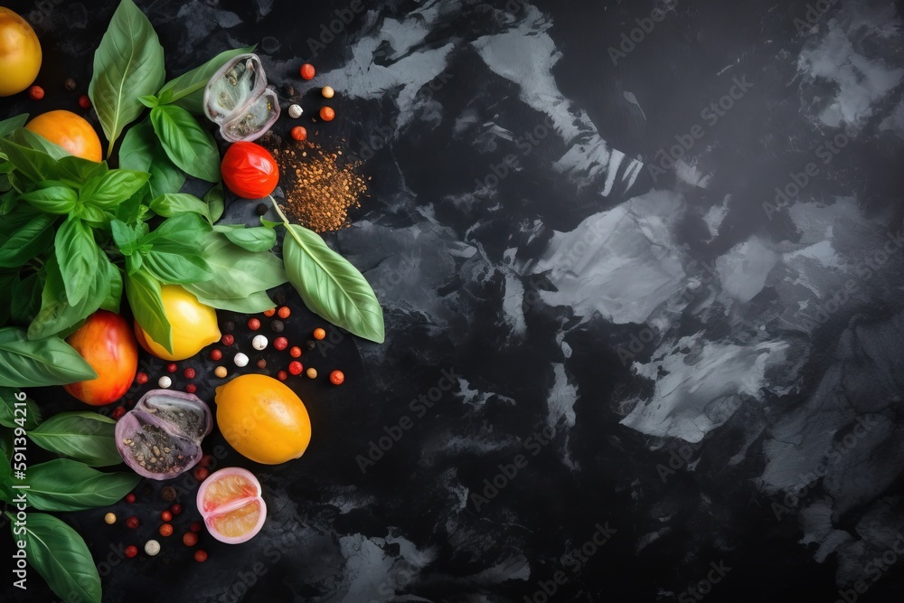  a bunch of fruits and vegetables on a black background with a place for a text or a picture to put 