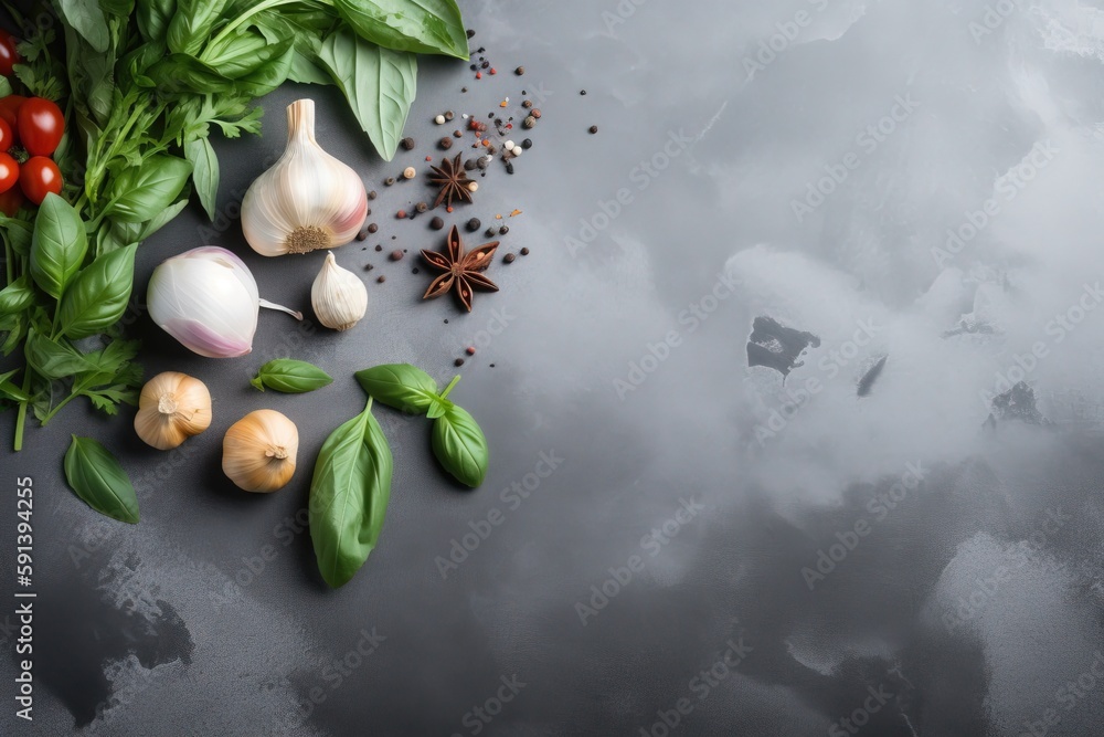  a group of vegetables and spices on a table top with a gray background with a place for a text or a