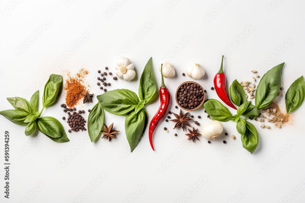  a group of spices and herbs on a white background with copy space for writing or writing on the top