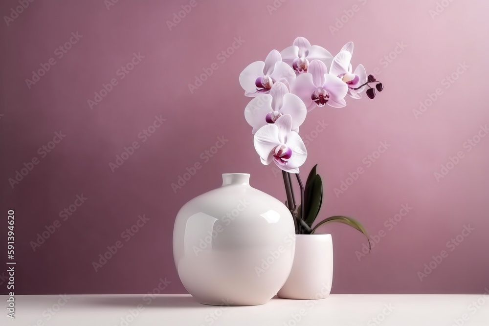 two white vases with purple flowers in them on a white table against a pink background with a pink 