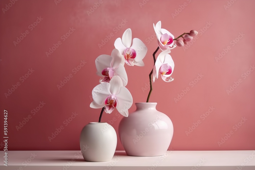  two white vases with pink flowers on a shelf against a pink wall, one of which has a single flower 