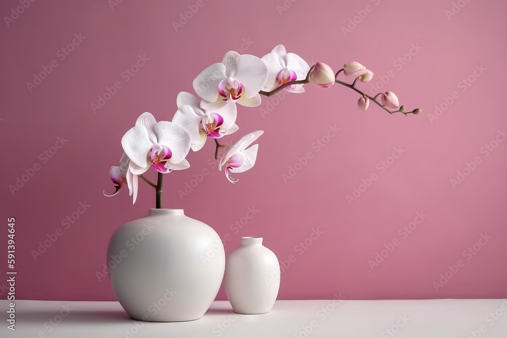  two white vases with pink flowers on a pink table top against a pink background with a pink wall in