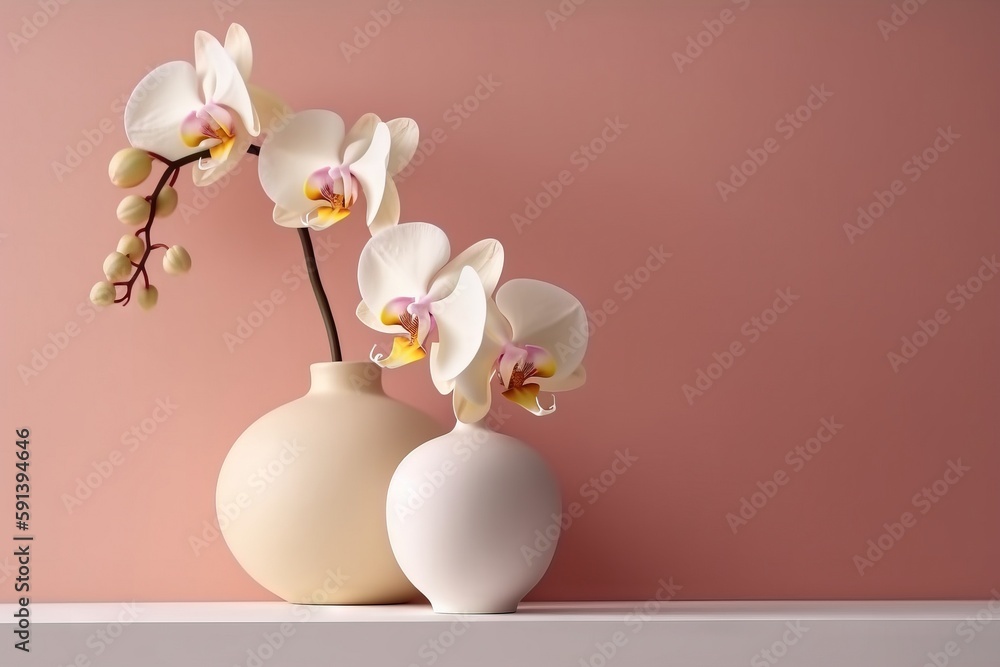  two white vases with flowers in them on a shelf against a pink wall with a pink wall in the back gr