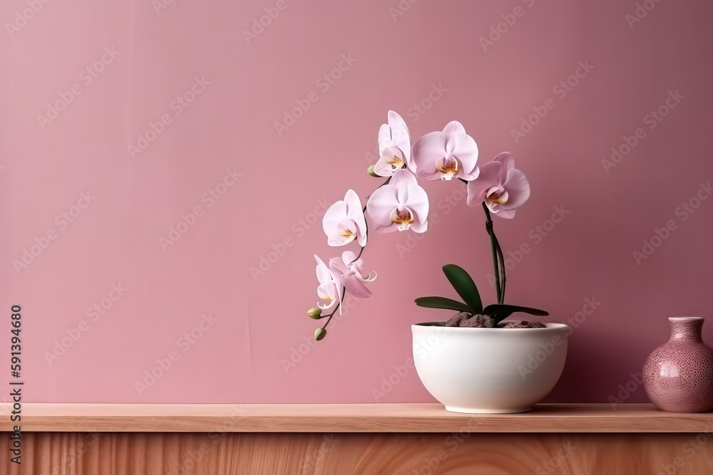  a pink wall with a white vase and a pink flower on a shelf with a pink vase and a pink wall in the 