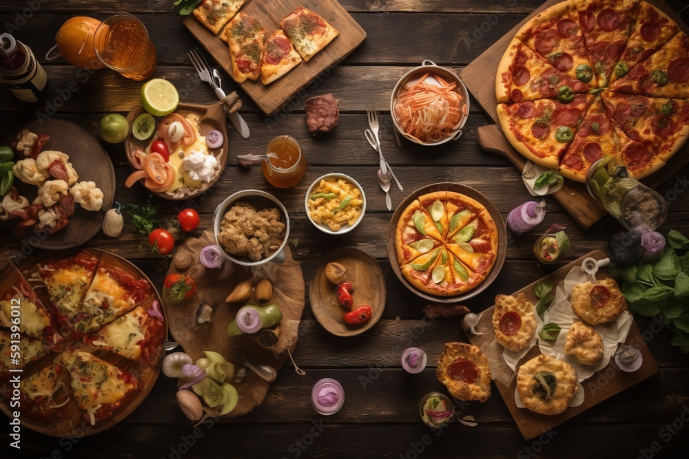  a table topped with lots of different types of pizza and other food items next to each other on woo
