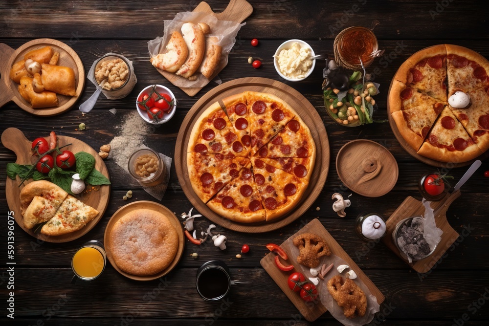 a table topped with pizza and other foods on wooden plates and serving utensils and a glass of oran