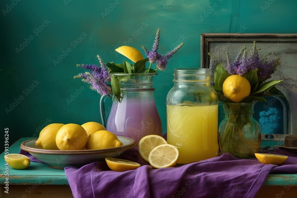  a painting of lemons, lemonade, and a pitcher of lemonade on a table with a purple cloth and a pict